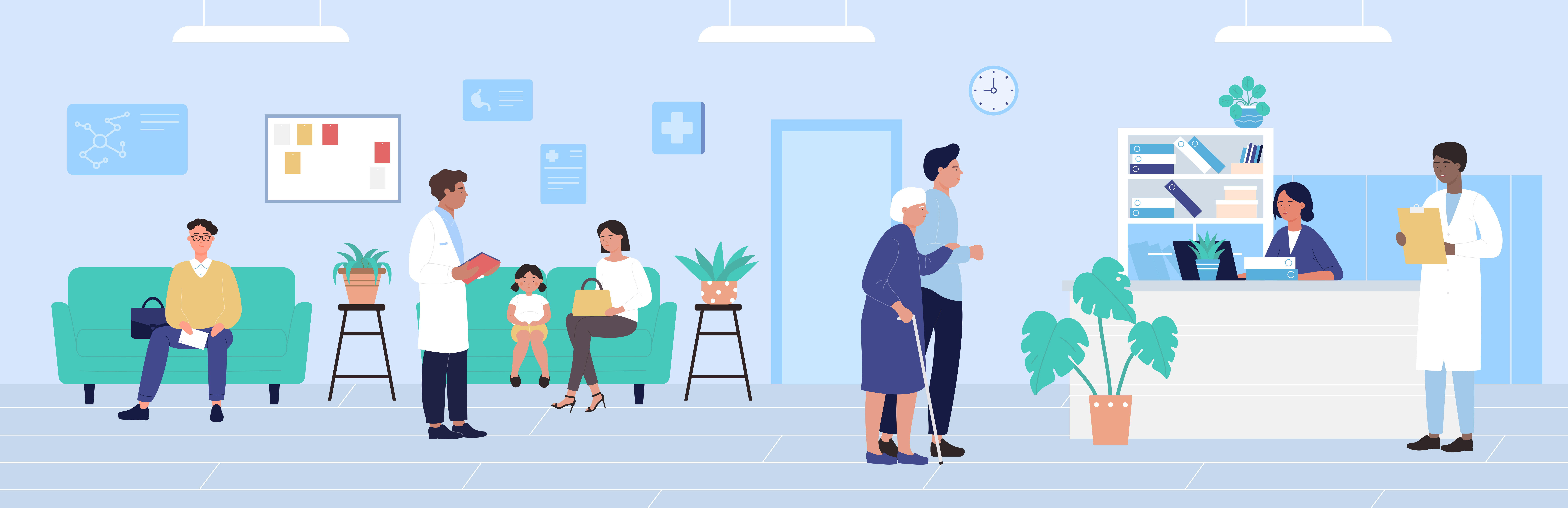 Hospital,Reception,Illustration.,Cartoon,Flat,Patient,Characters,Waiting,Doctors,Appointment,